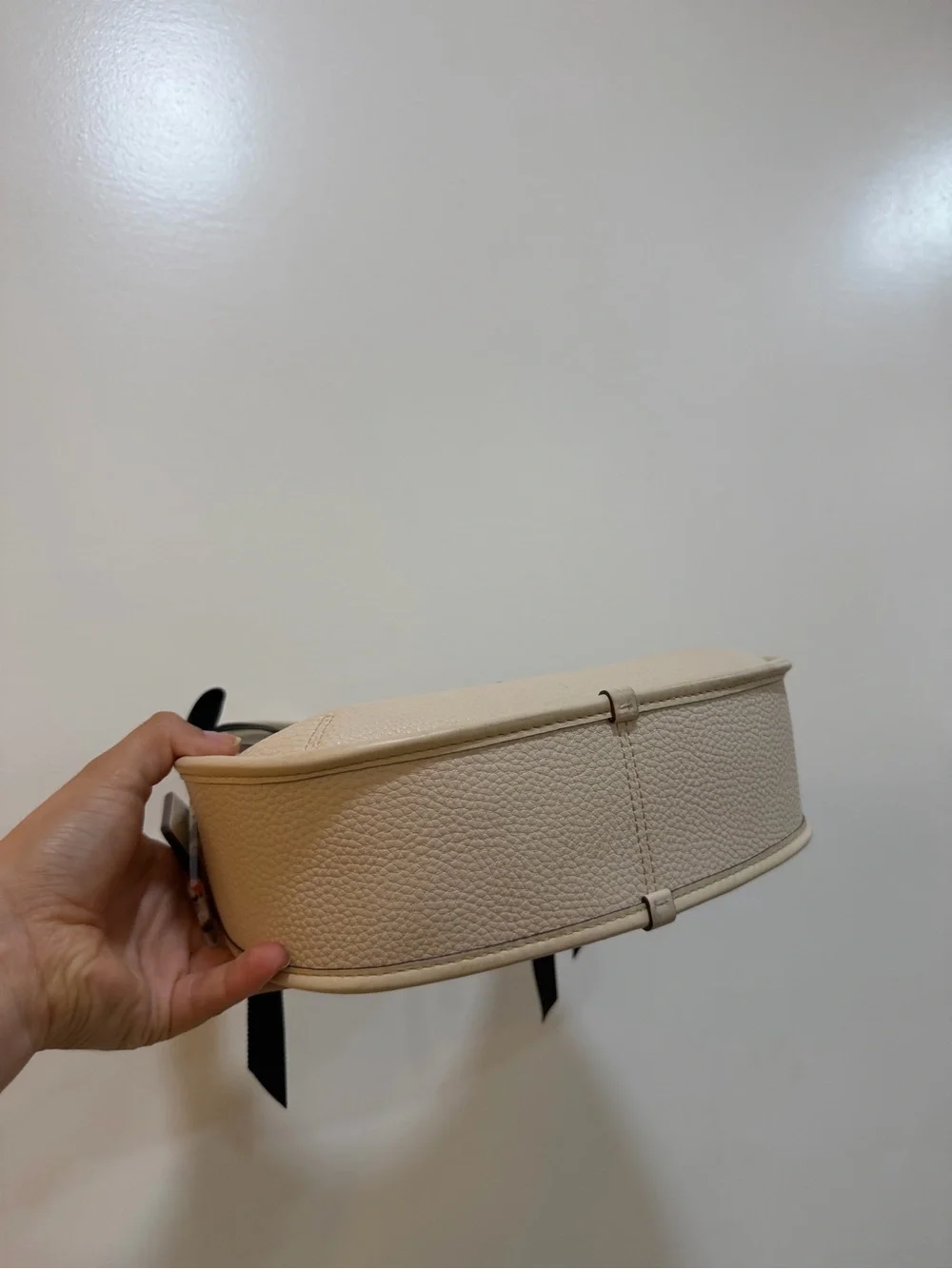 Coach Cream Pebbled Leather Mini Top-Handle Bag with Black Ribbon